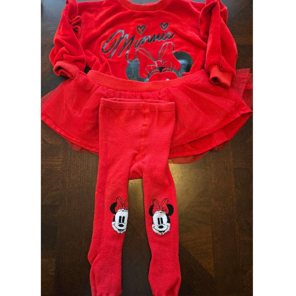 Disney Baby Minnie Mouse Red Velour Sweatshirt‎ Tutu Skirt and Tights Set 6-9M